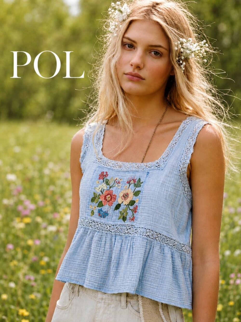 POL Boho Baby Powder Blue Lace Trim Sheered Ruffled Cotton Gauze Printed Top